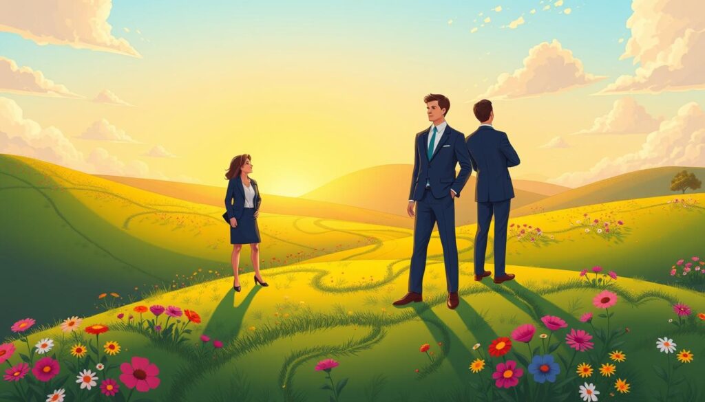 Three people on a green hill at sunrise, each expressing a different emotion along a winding path.